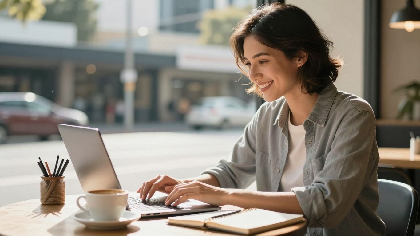 Australian person working remotely on laptop at cafe.