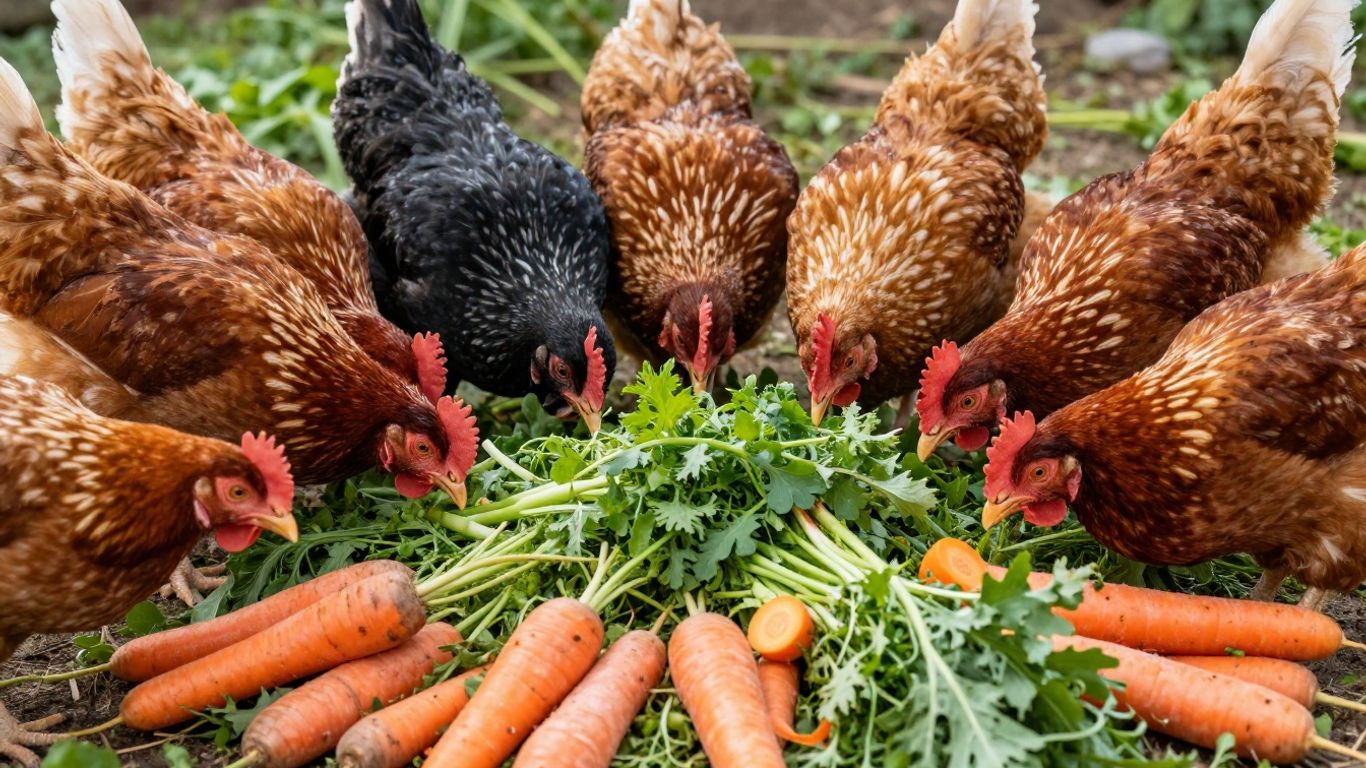 Kury jedzące świeże zielonki i warzywa na farmie.