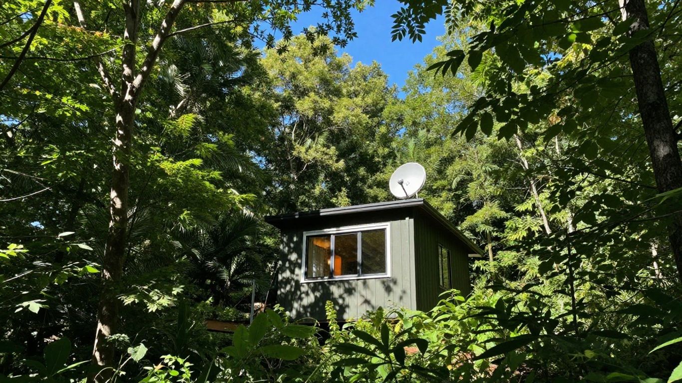 Cabin with satellite dish in a forest