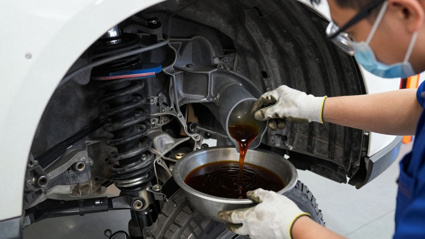 Technician draining oil from differential