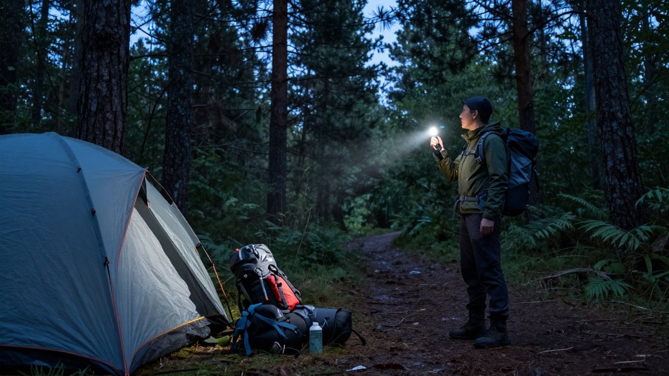Camper using a flashlight beside a tent