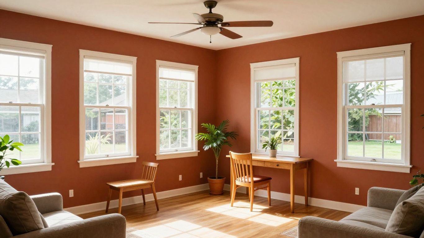 A vibrant living room featuring warm ochre and terracotta walls