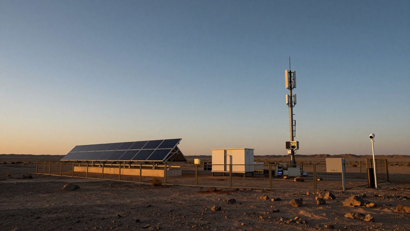 Solar panels and surveillance tower in desert