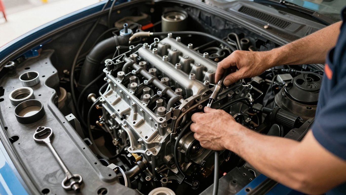 Mechanic working on car engine in Sydney workshop.