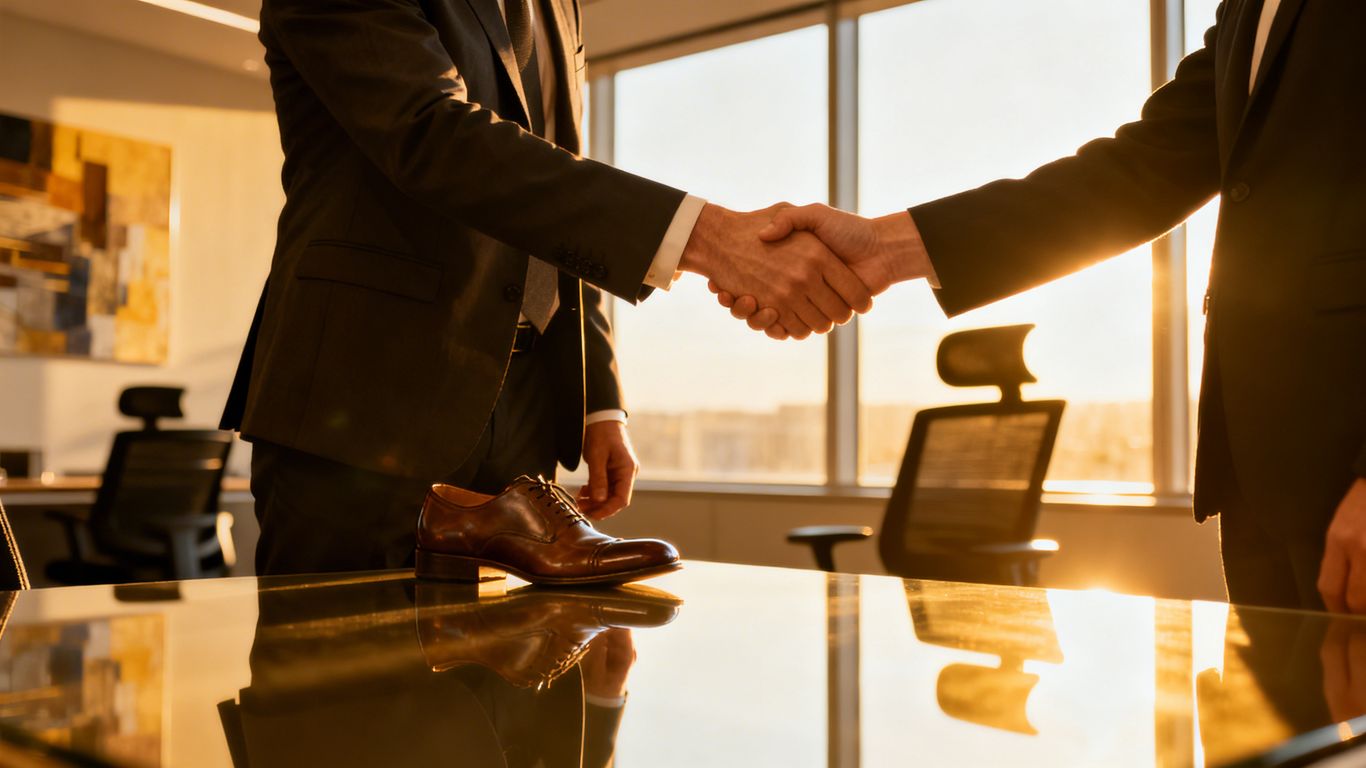 Successful salary negotiation handshake in a modern office.
