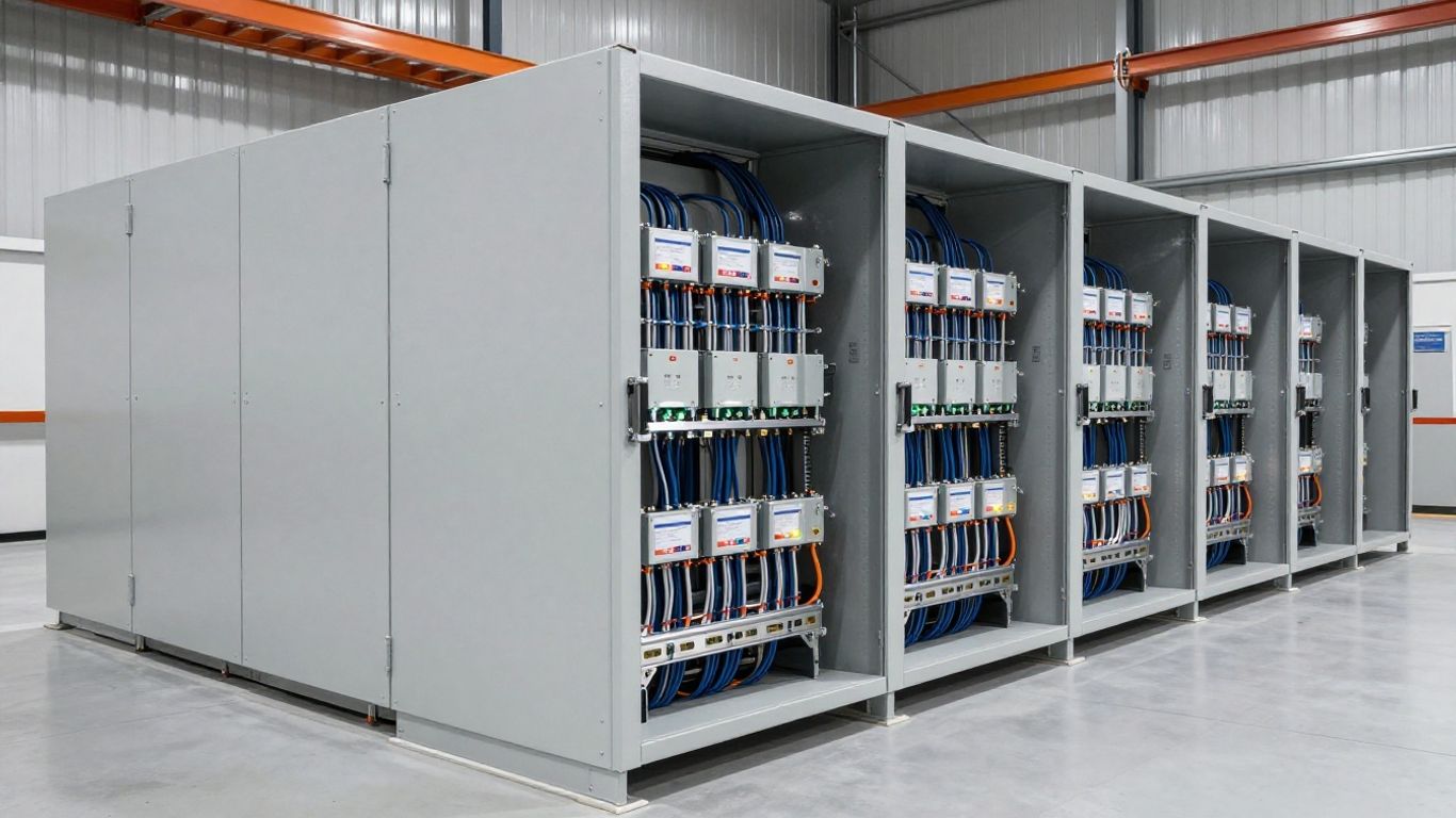 A modern lithium battery array housed inside warehouse space