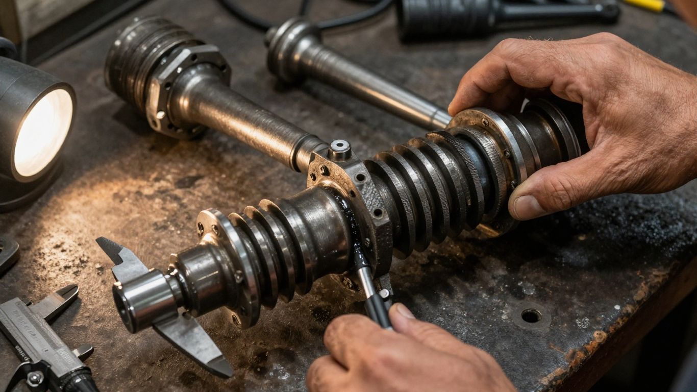 Used drive shaft inspection on workshop bench