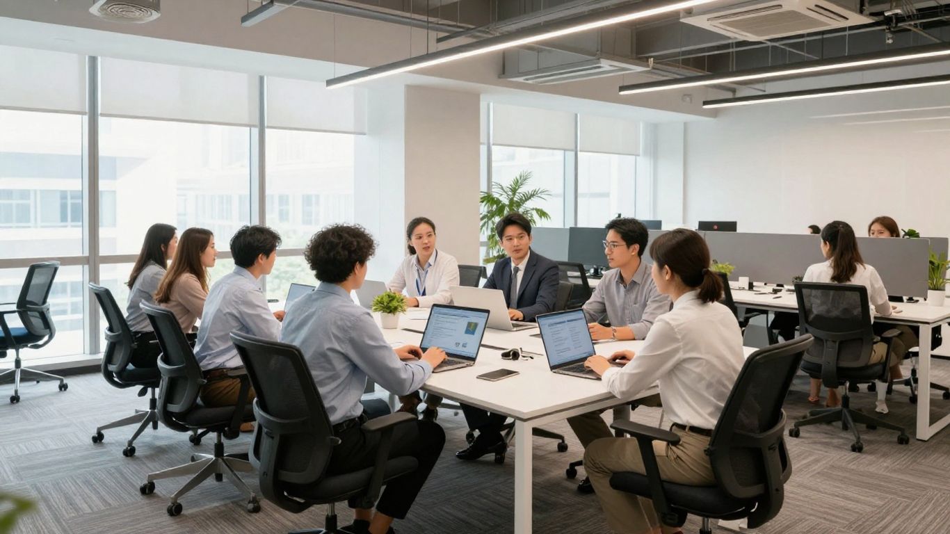 Professionals collaborating in a modern office space.