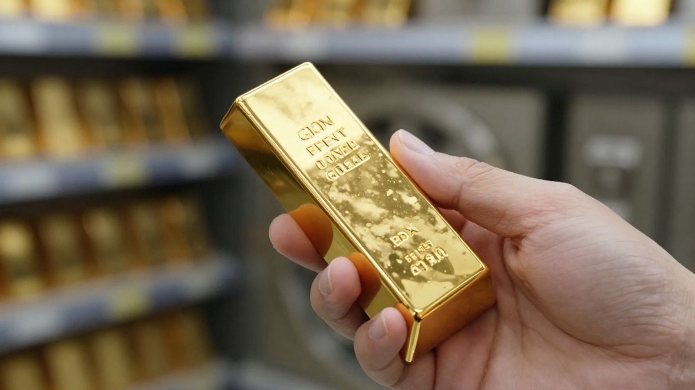 Golden hand holding a gold bar