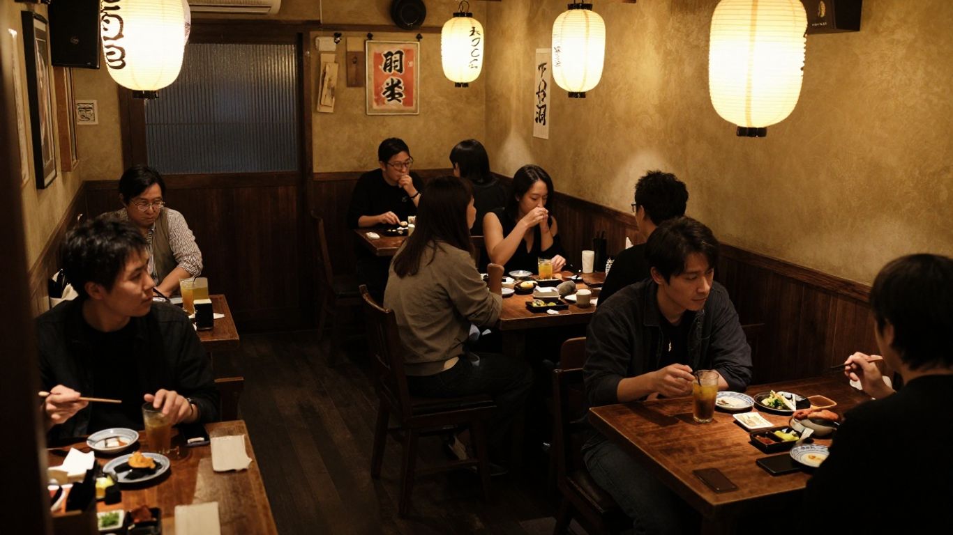 Cozy Shibuya izakaya interior with patrons enjoying food and drinks.