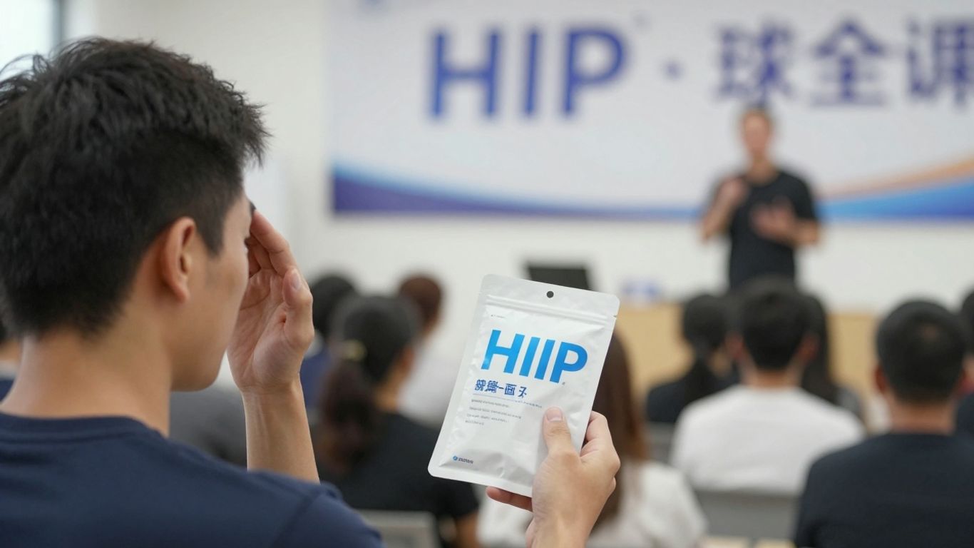Disappointed person with bHIP product and motivational speaker background.