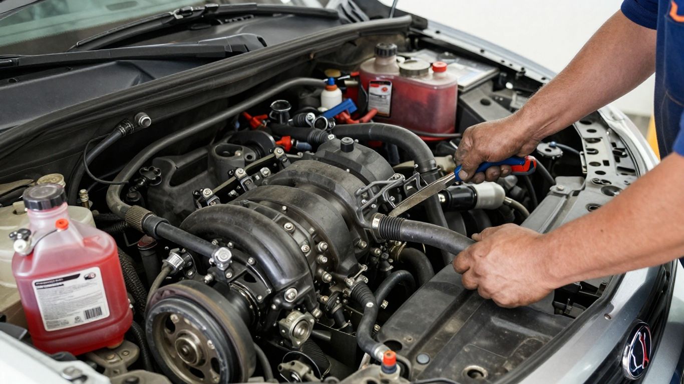 Mechanic replacing power steering hose