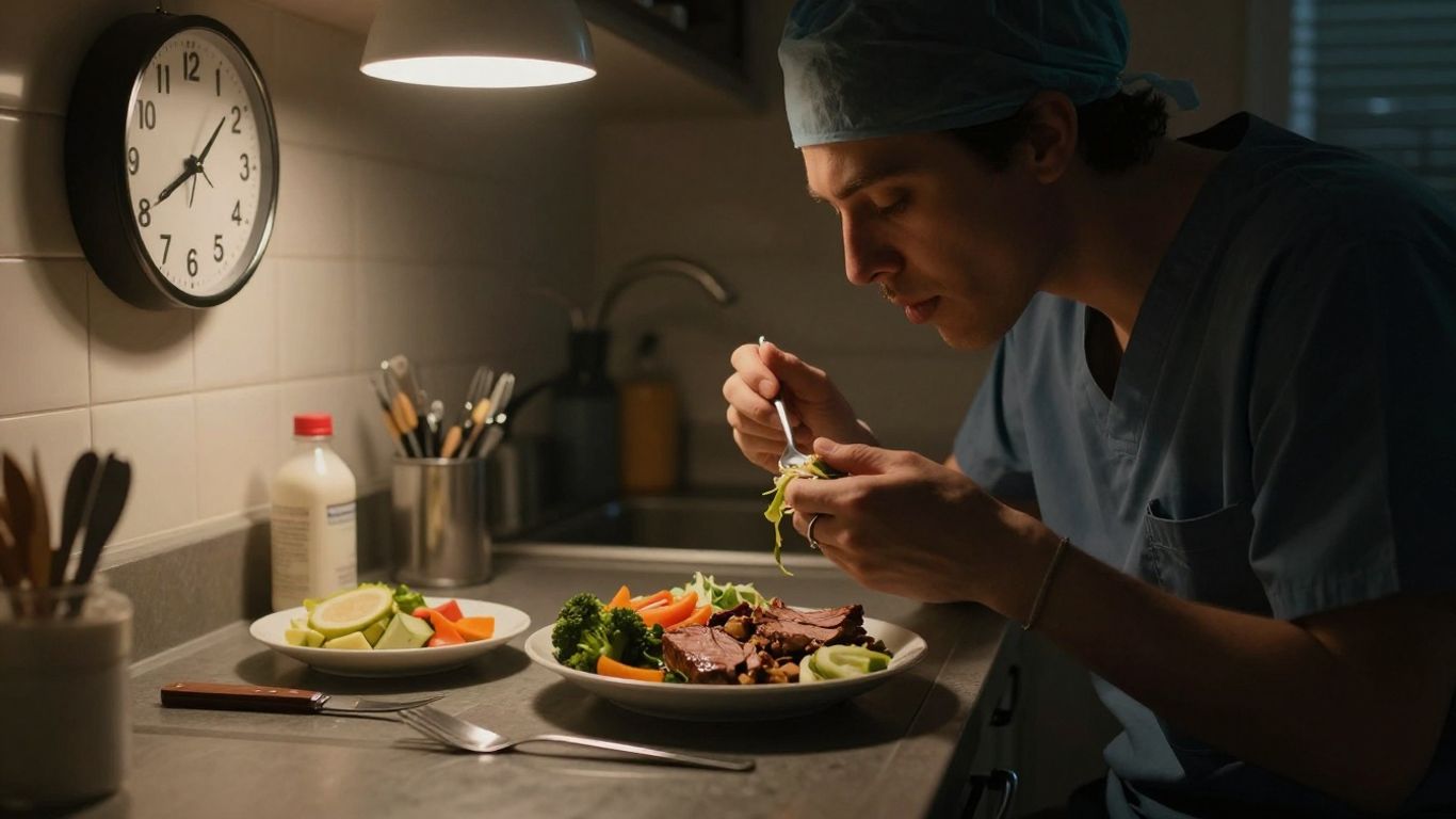 Night shift worker eating a healthy, balanced meal.