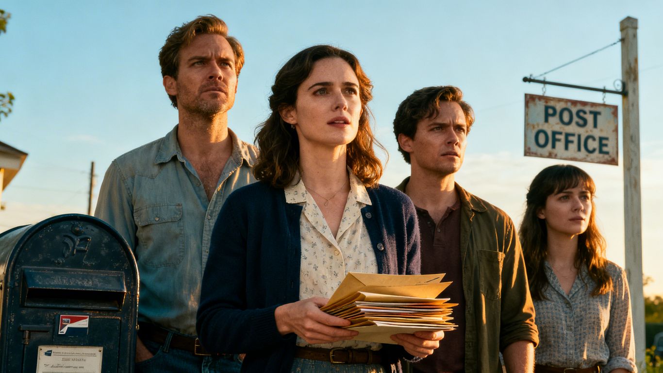 Four people with letters, hinting at a mystery.