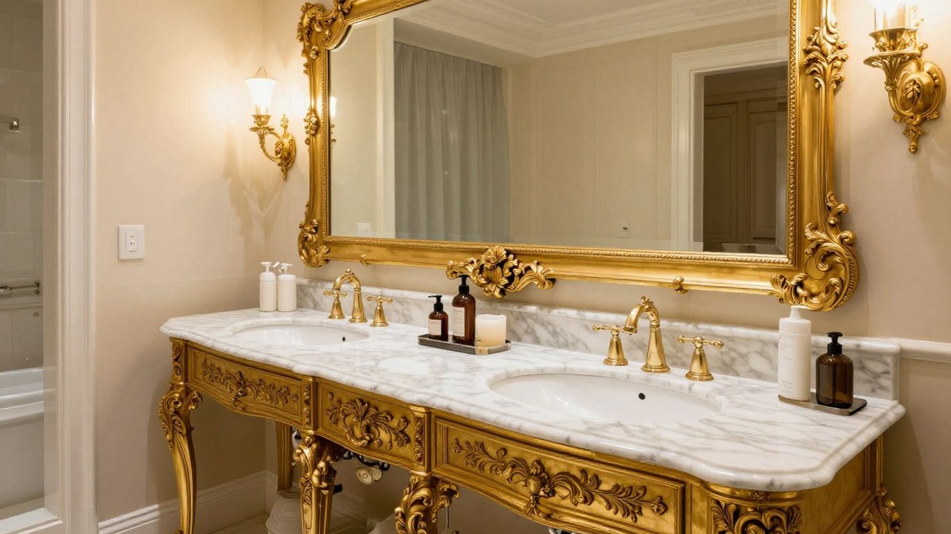Luxury bathroom vanity with marble countertop and gold fixtures.