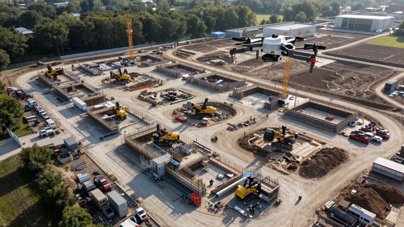 Drone flying over construction site