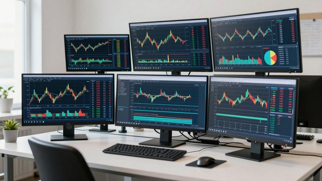 Diverse trading station with multiple monitors