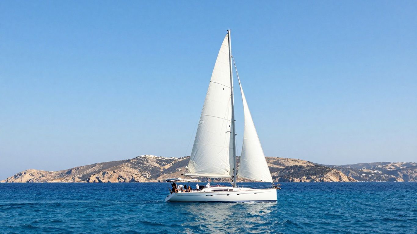 Sailboat on Aegean Sea near Greek islands.