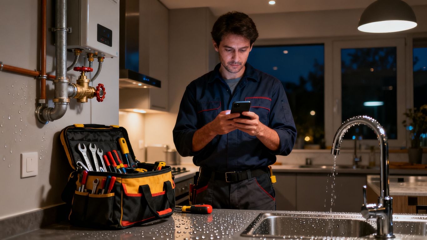 Plumber reviewing late-night plumbing lead