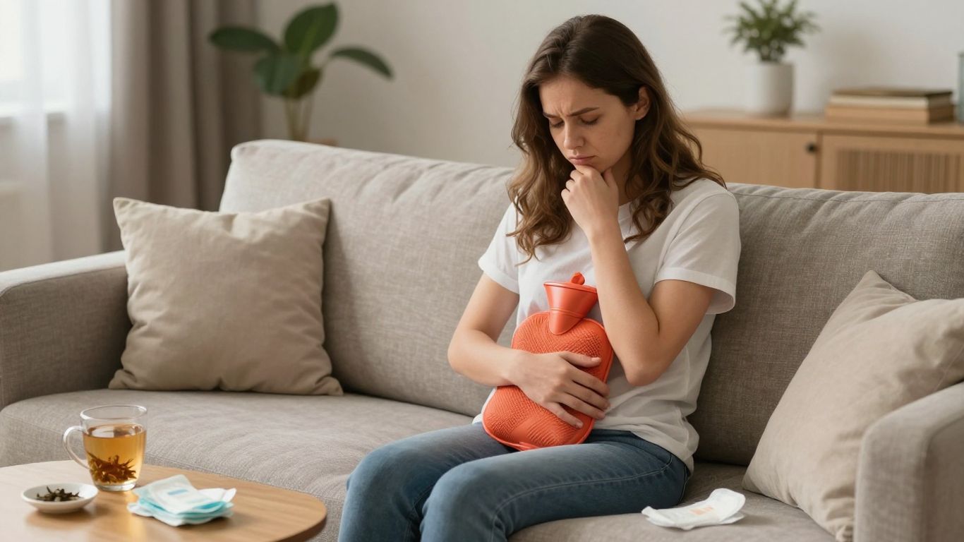 Woman with hot water bottle managing period pain