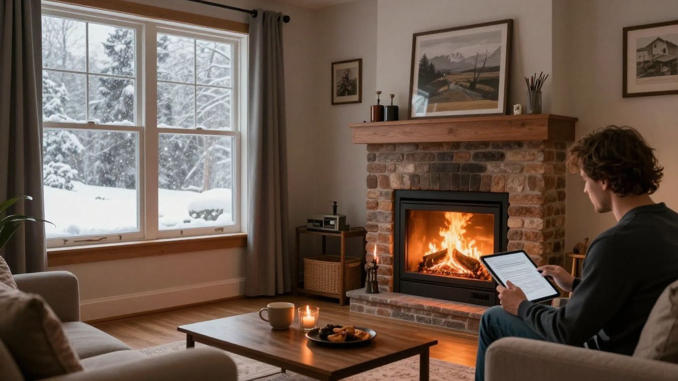 Cozy living room with snow falling outside, homeowner reviewing maintenance plan.