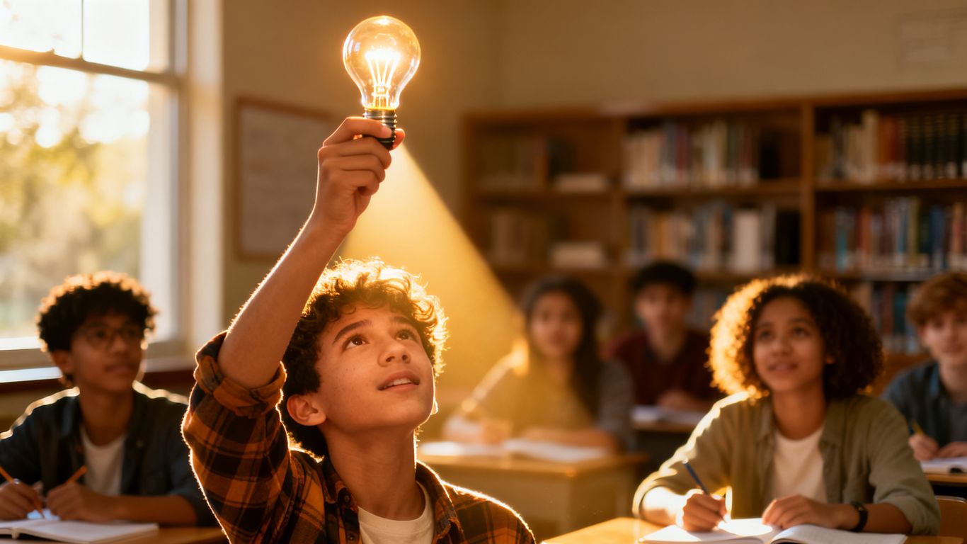 Student with a glowing lightbulb above head in a classroom.