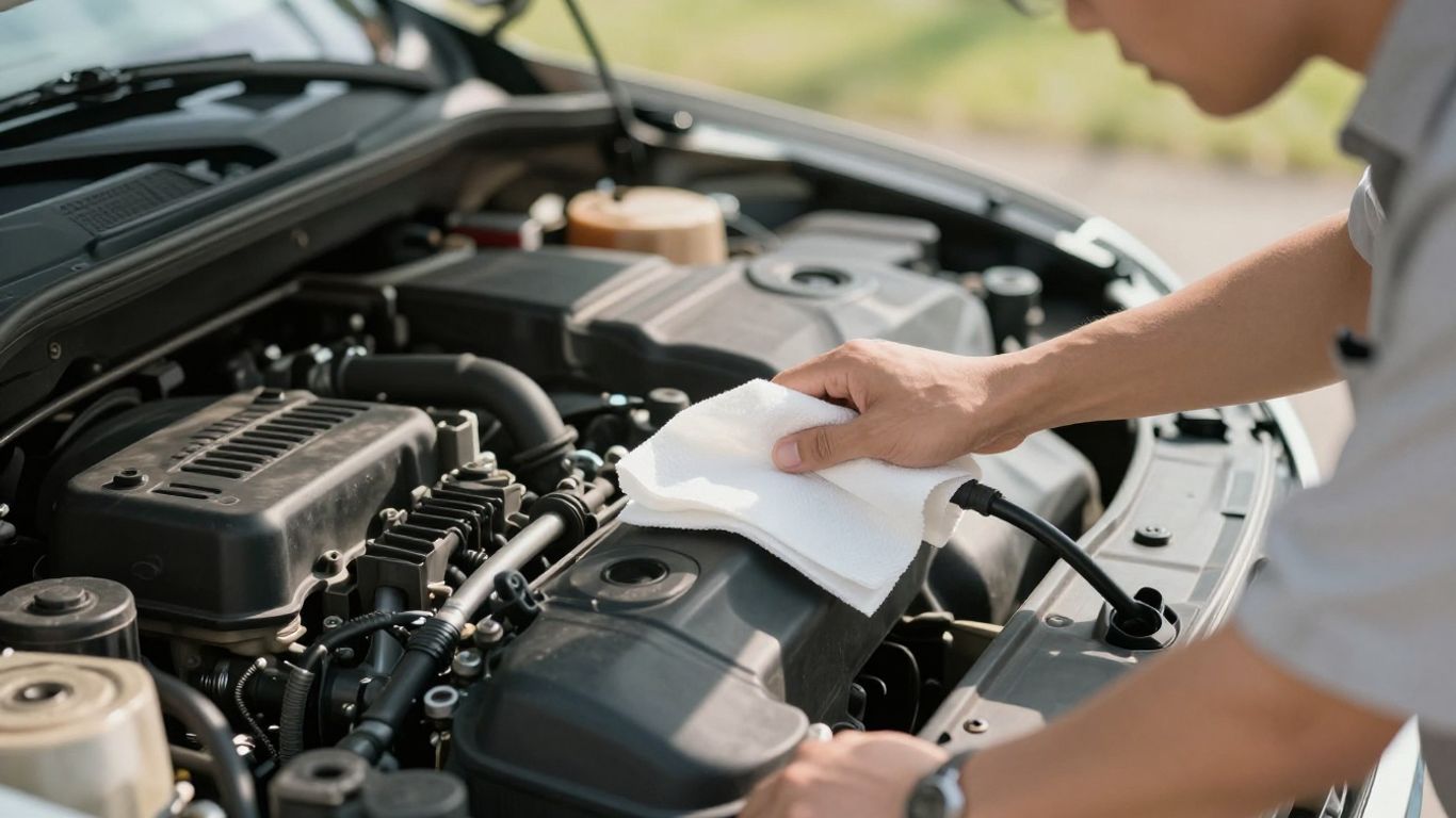 Hands checking a car oil dipstick beside engine