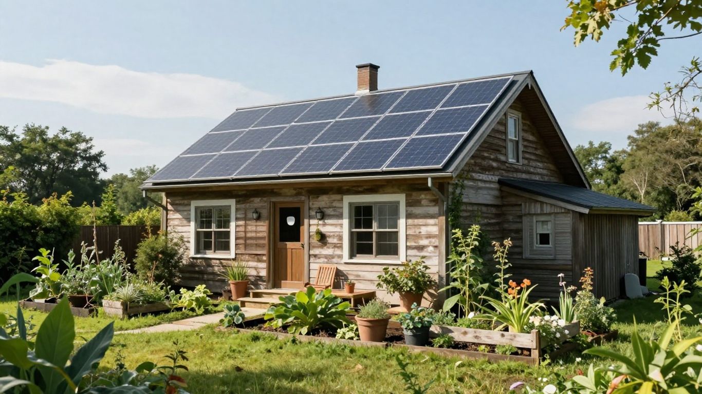 Off-grid home with solar panels and garden