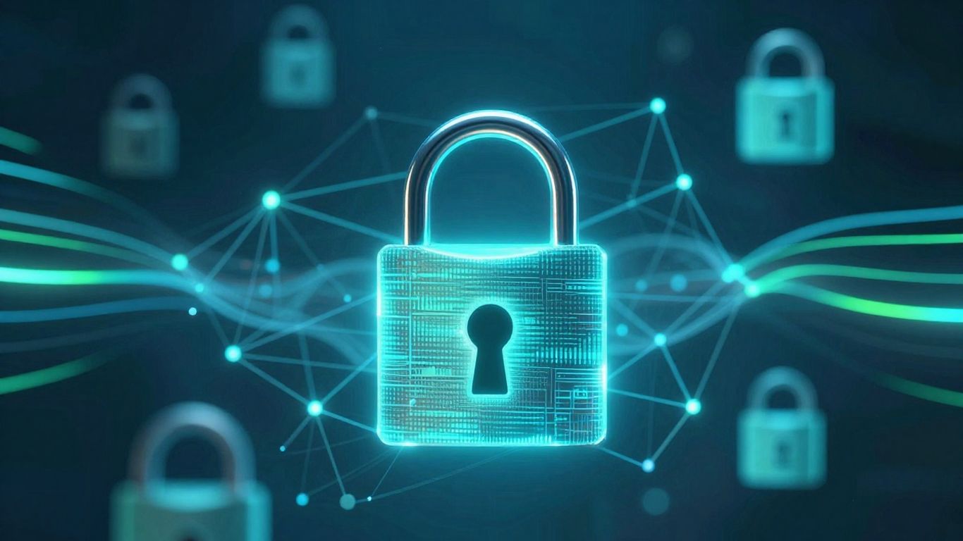 Digital padlock securing a blockchain network.