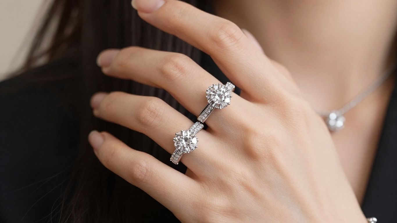 Sparkling cocktail rings and bracelet on a woman's hand.