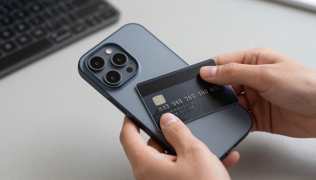 A close-up lifestyle shot of a person's hands neatly sliding a bank card into the card slot on the back of a sleek, dark-coloured iPhone 16 Pro case.