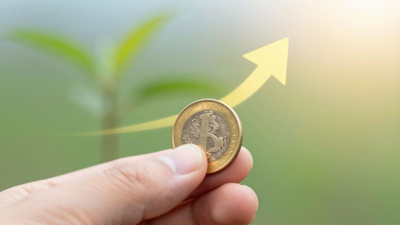Golden coin with upward arrow, symbolizing business ROI.