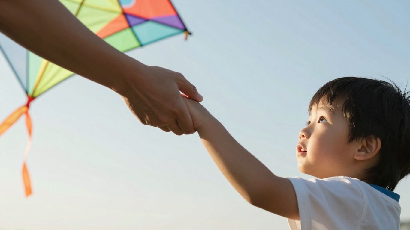 Parent and child reaching for a kite, symbolizing confidence.