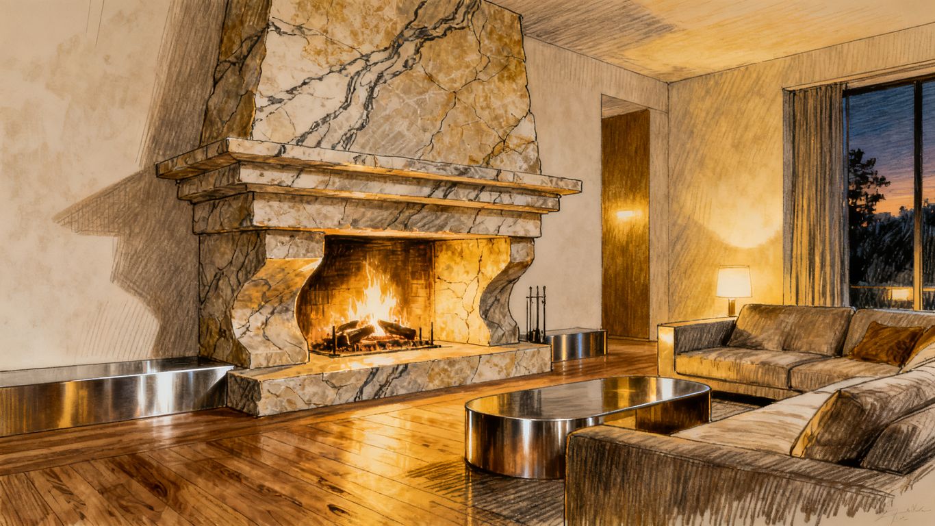 Chimenea de piedra natural con diseño de repisa en capas