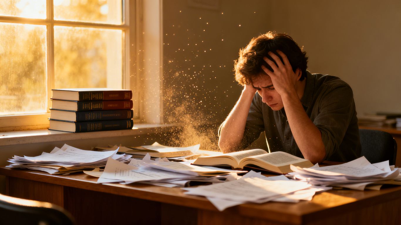 Frustrated person at messy desk, new books in background.