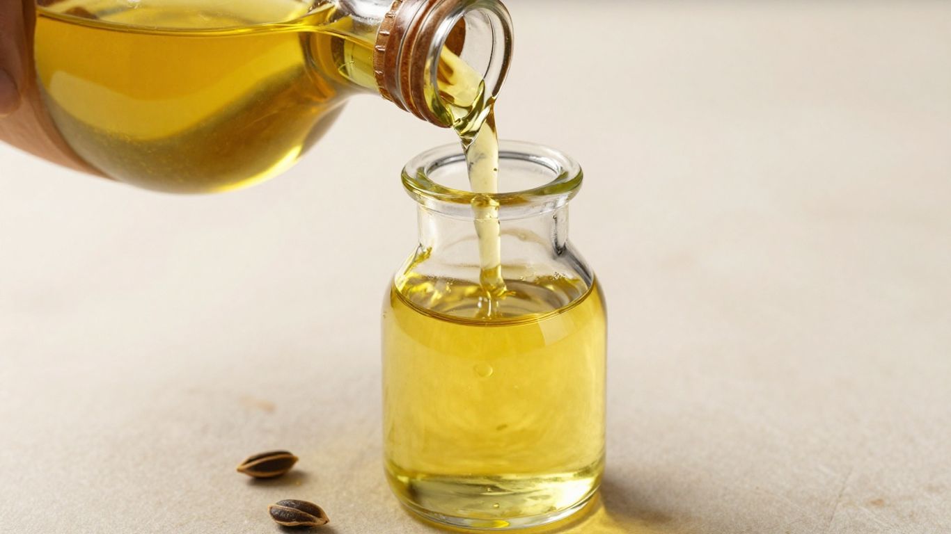 Cold pressed oil pouring from clay pot into glass bottle.