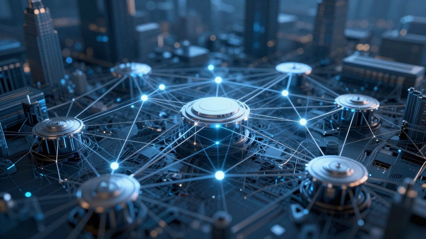 Abstract digital network with glowing nodes and lines.