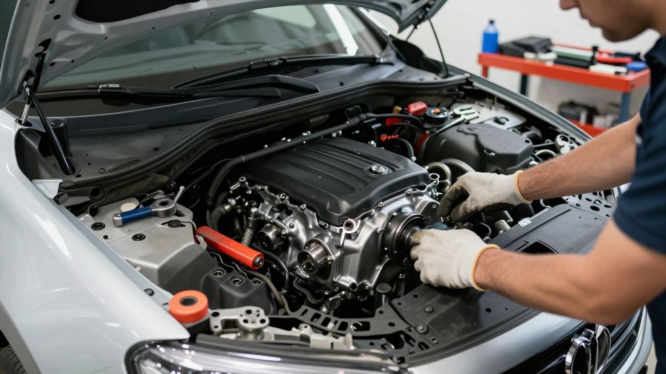 Mechanic installing new engine in car