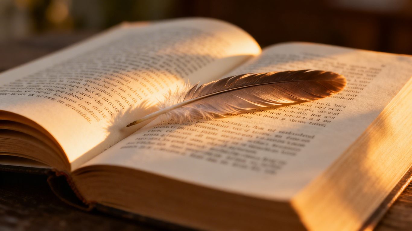 Open book with feather on pages.
