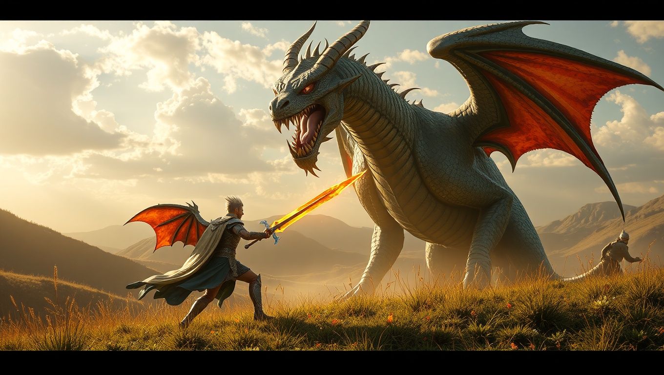 Um guerreiro lendário com armadura brilhante empunhando uma espada flamejante frente a um dragão gigantesco em uma paisagem épica de fantasia.
