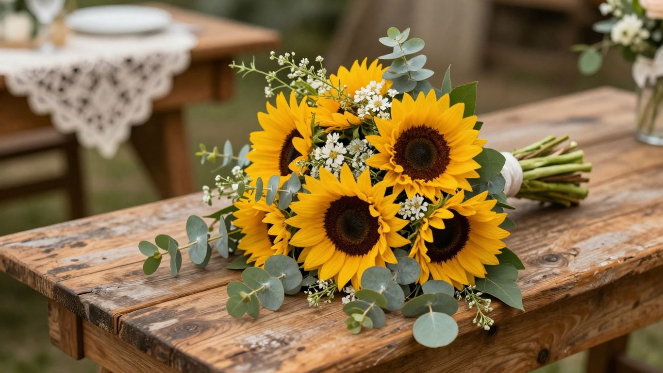 Rustic wedding bouquet with sunflowers and wildflowers