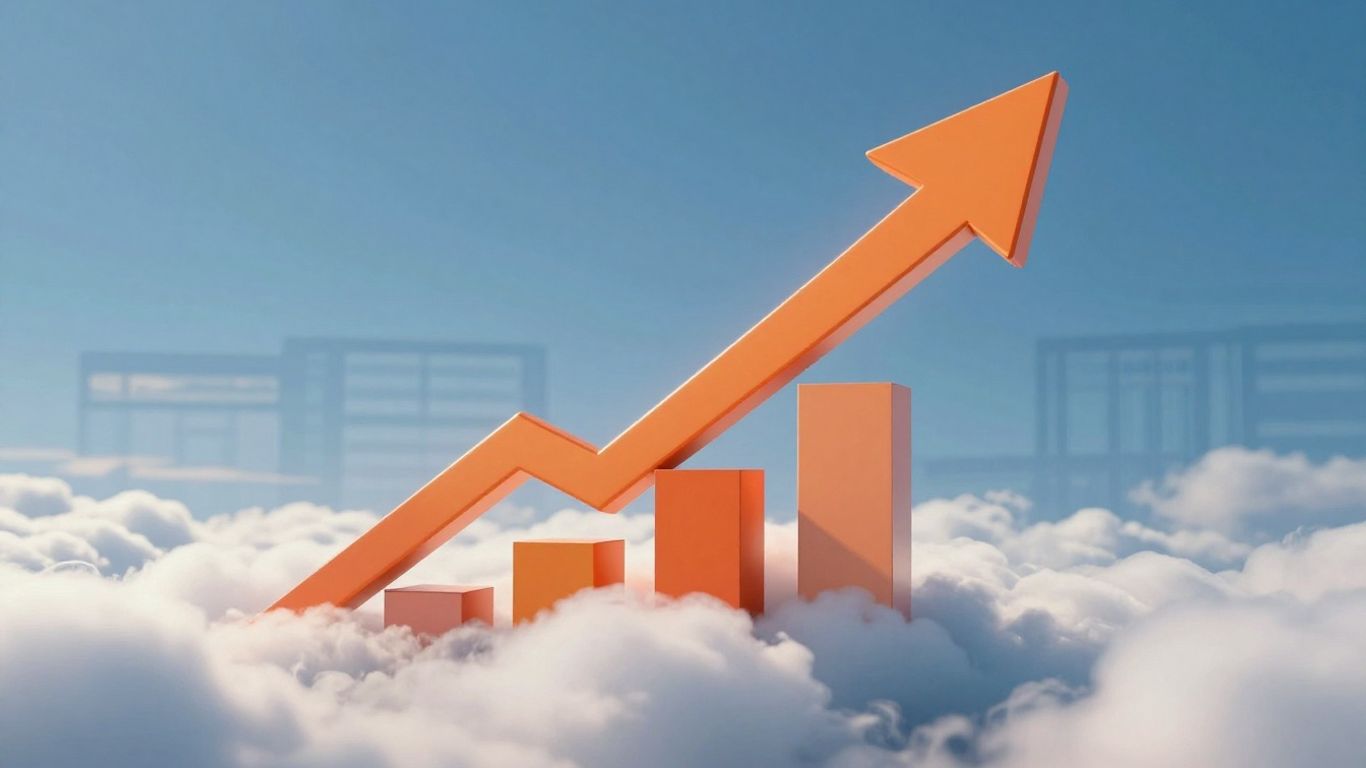 Arrow piercing cloud, medical facility silhouette, growth concept.