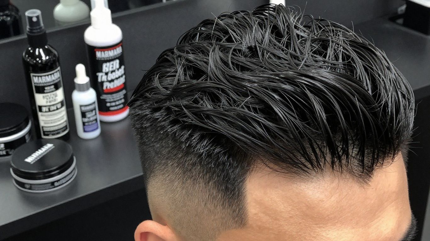 Man's styled hair with Marmara Barber Products.