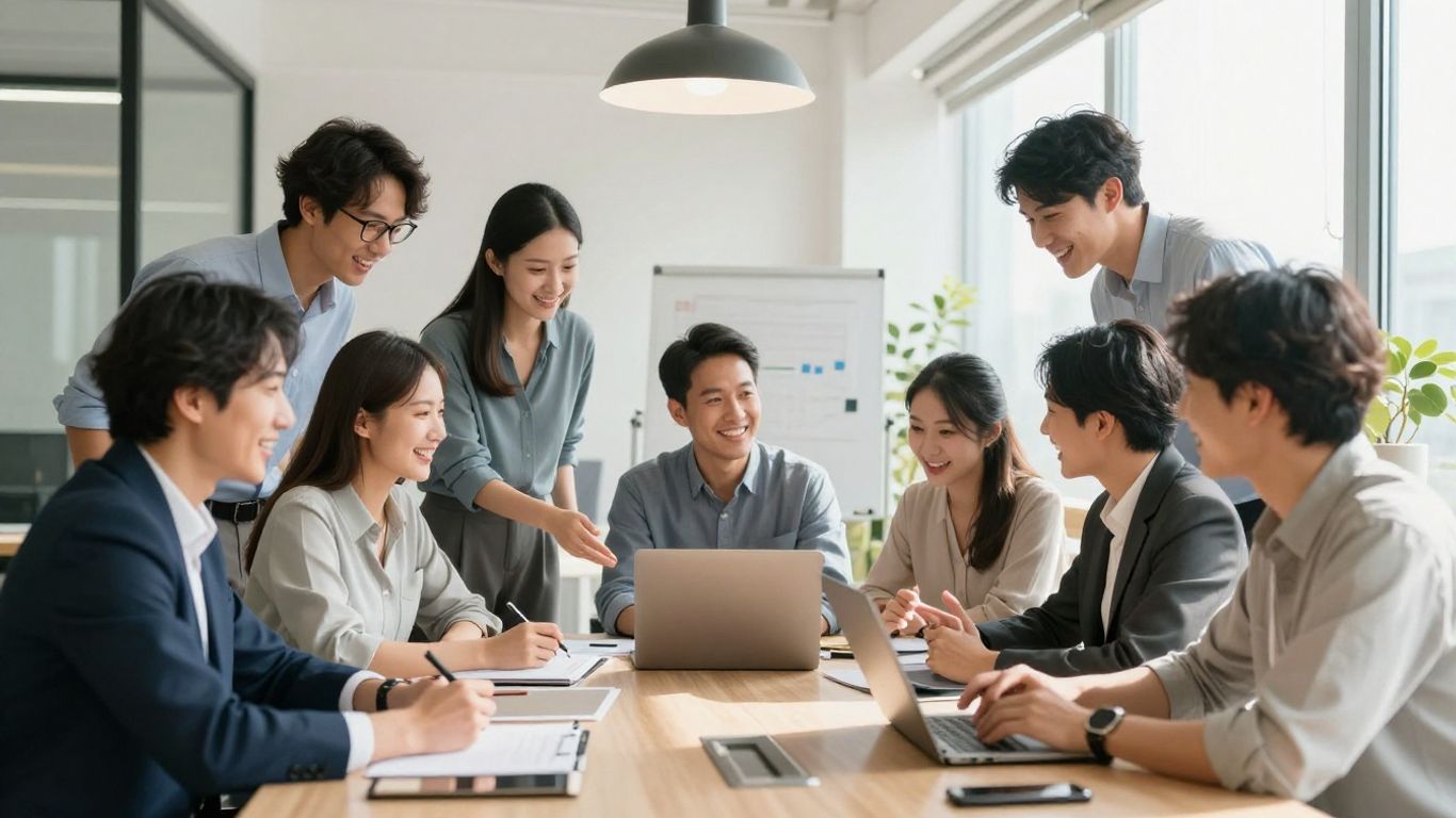 Team collaborating in a bright, modern office space.
