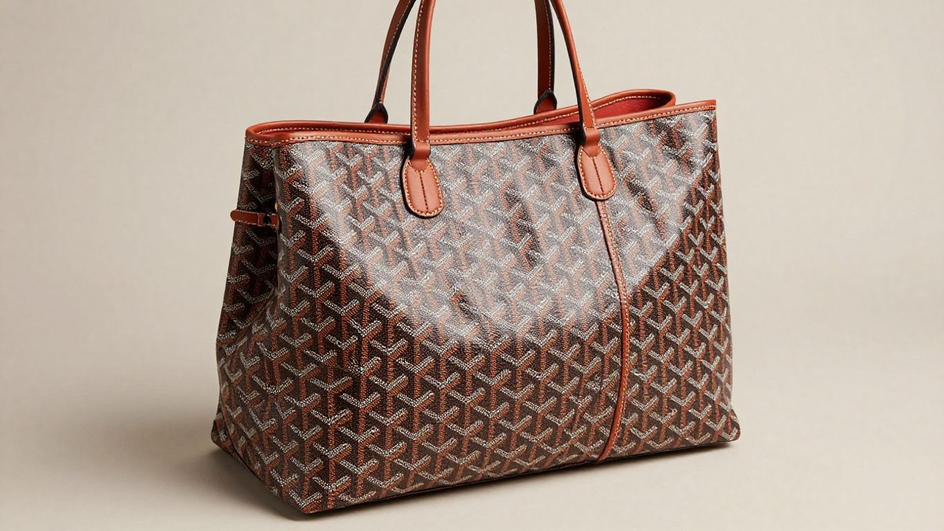 Goyard tote bag with chevron pattern and leather handles.