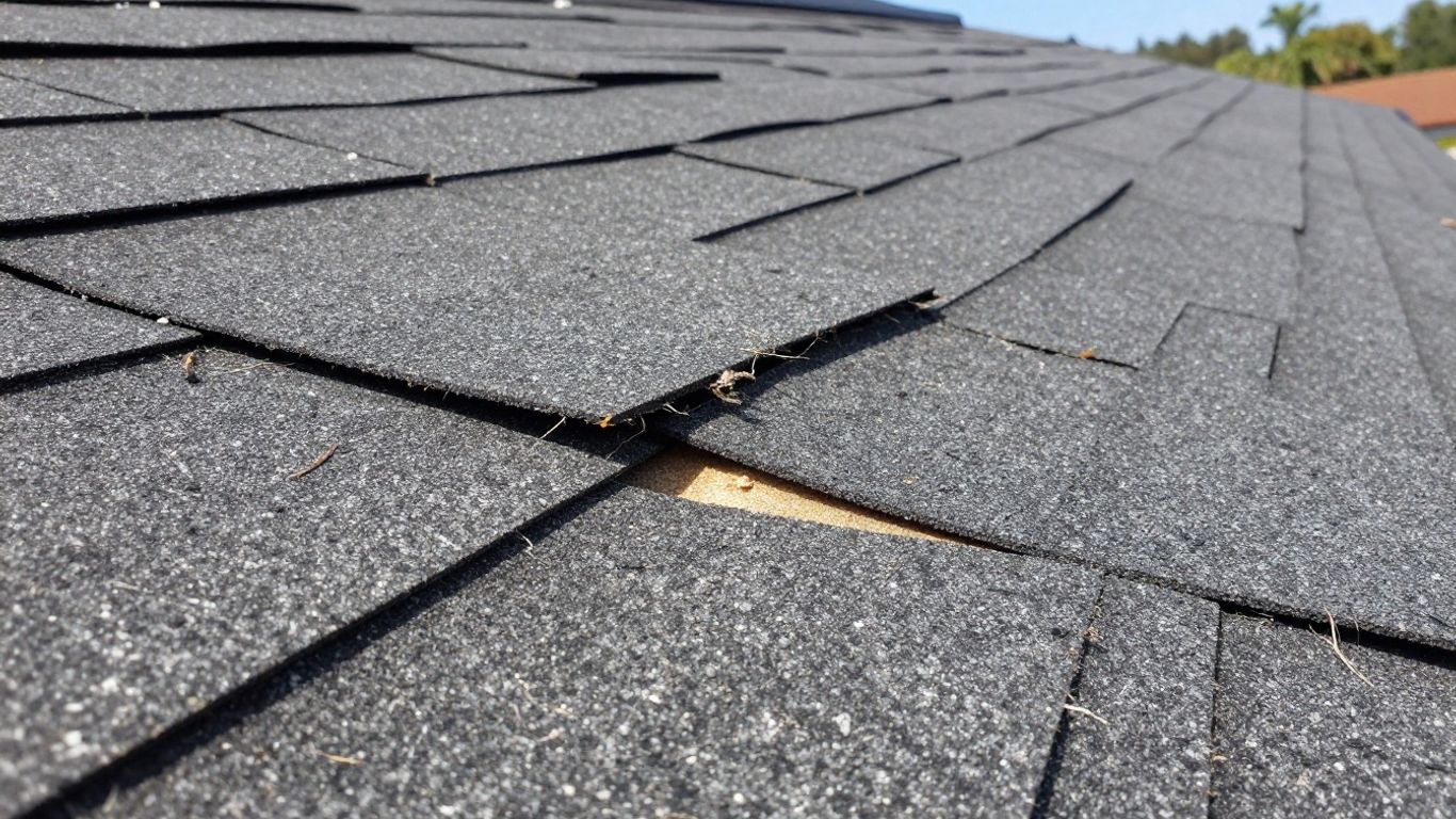 Damaged roof shingles needing repair in Dacula, Georgia.