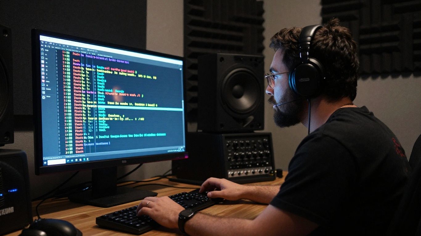 Musician creating AI lyric video on computer