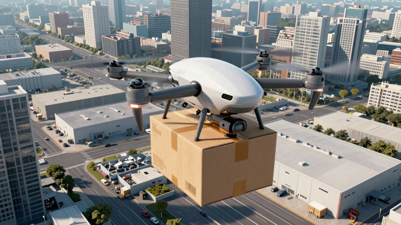 Drone delivering package over cityscape