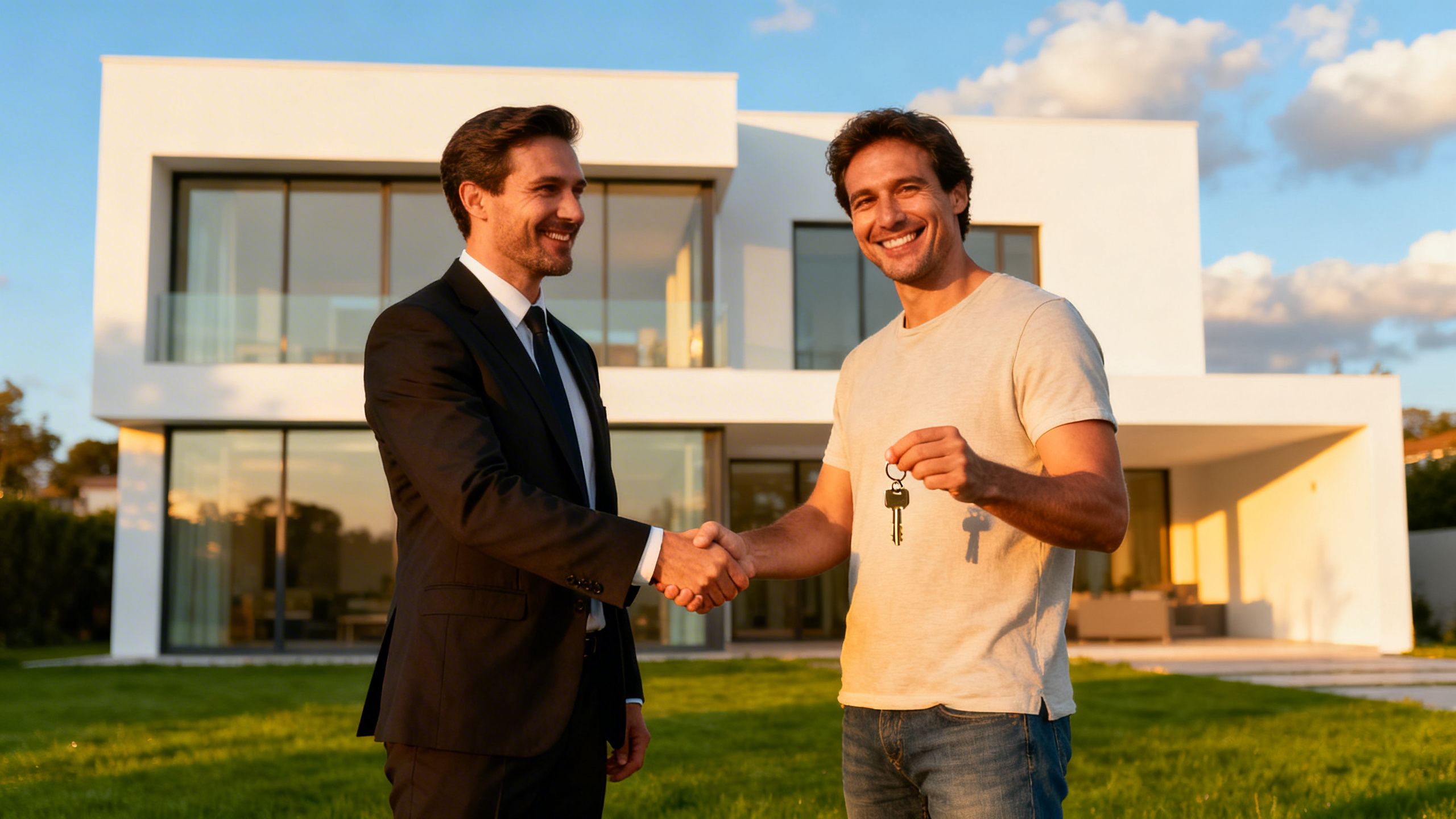 A real estate agent shaking hands with a happy client in front of a modern house, symbolizing a successful deal.