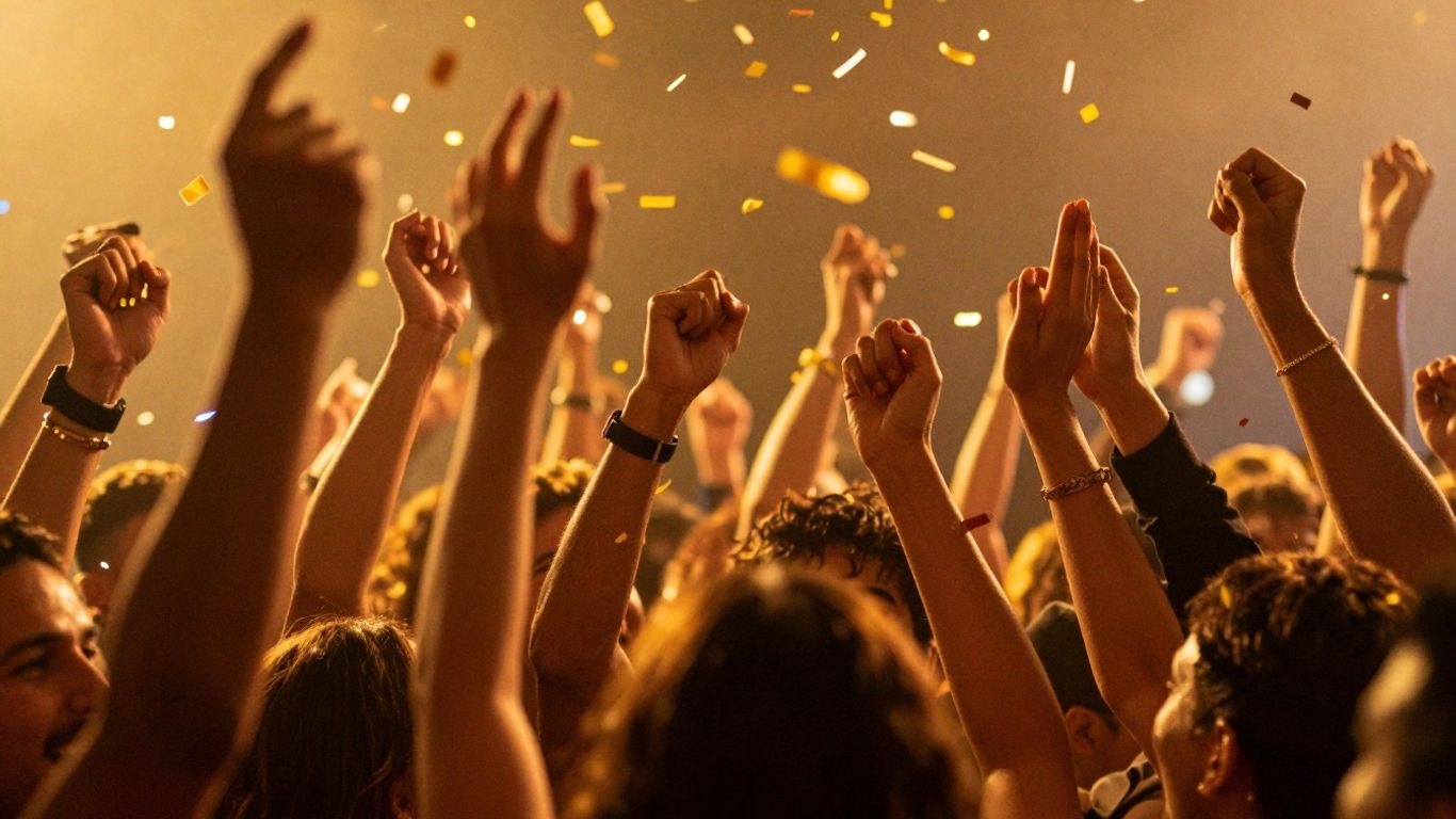 People celebrating a victory with confetti and cheers.